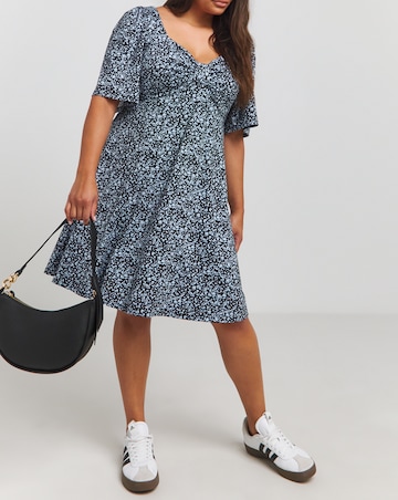 Black Print Supersoft Knot Front Skater Dress