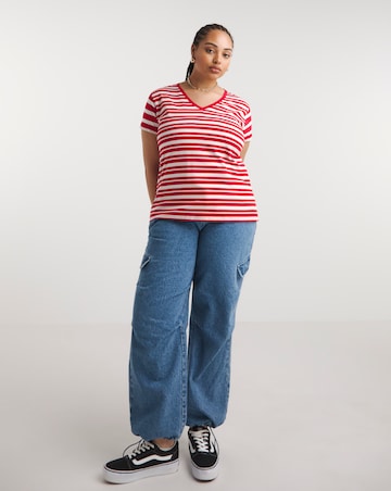 Red & Ivory Stripe V Neck Tee