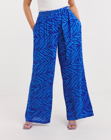 Blue Zebra Print Crinkle Tie Waist Wide Leg Trouser