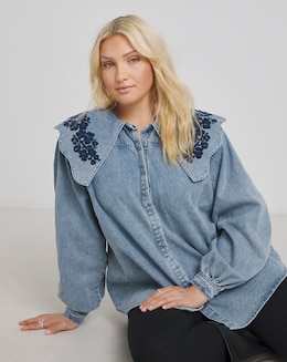 Simply Be Mid Wash Puff Sleeve Denim Blouse with Embroidered Collar
