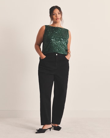 Dark Green Linear Sequin Bow Shoulder Tank Top