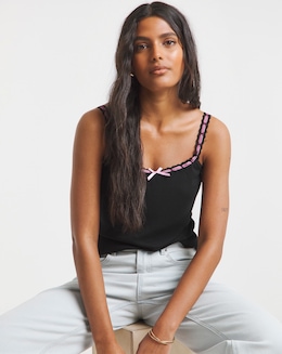 Simply Be Black &amp; Pink Lace and Ribbon Trim Tank Top