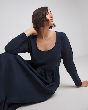 Navy Jersey Poplin Long Sleeve Midi Dance Dress