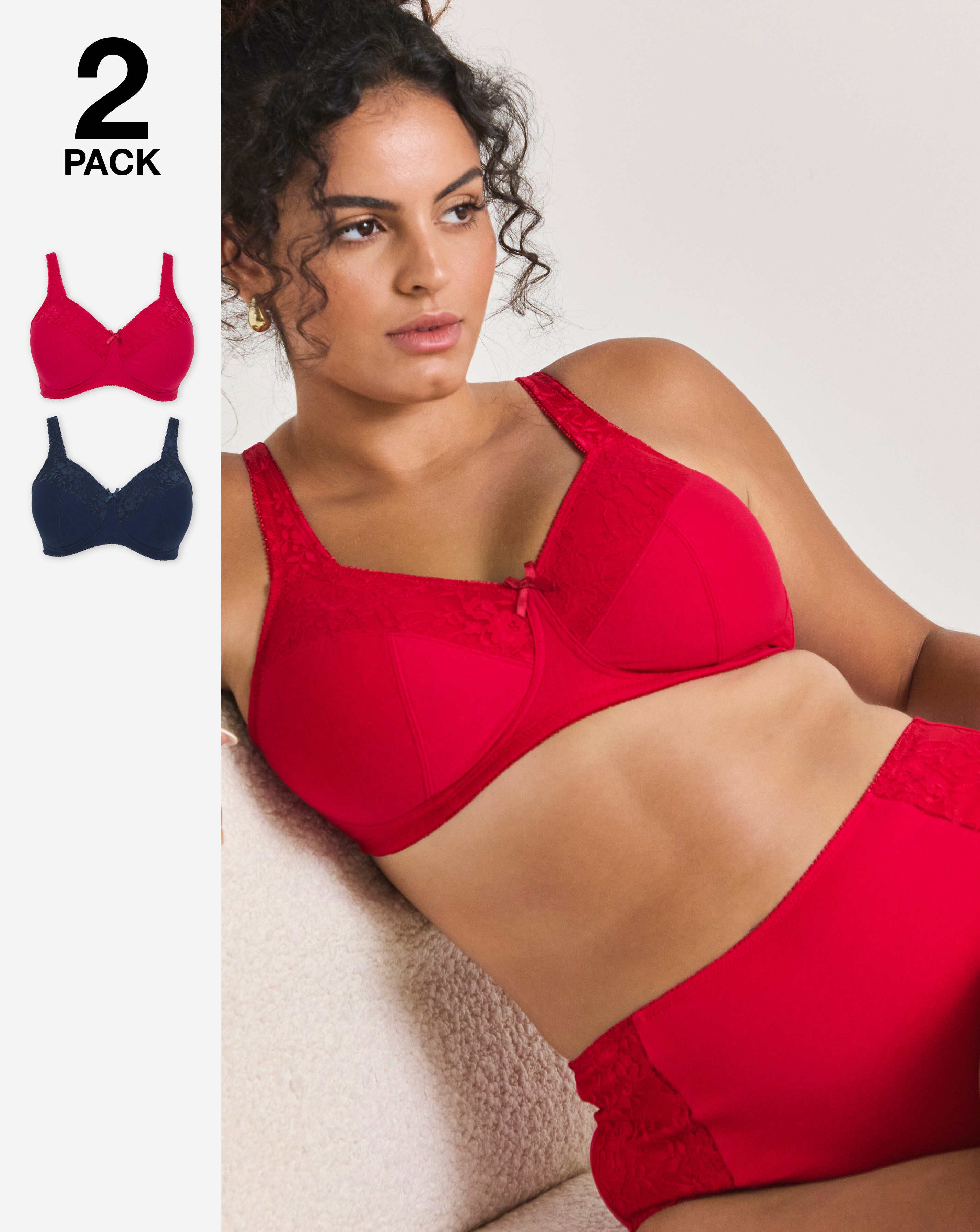 Pretty Secrets (2 Pack) New Sarah Cotton Non Wired Bras (B-G) Navy/Red