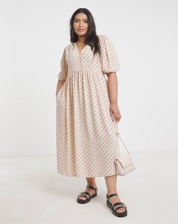 Spot Print Button Through Midi Dress With Pockets