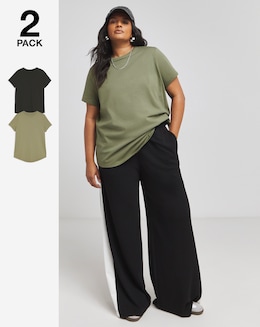 Khaki &amp; Black 2 Pack Curved Hem Longline T-Shirt