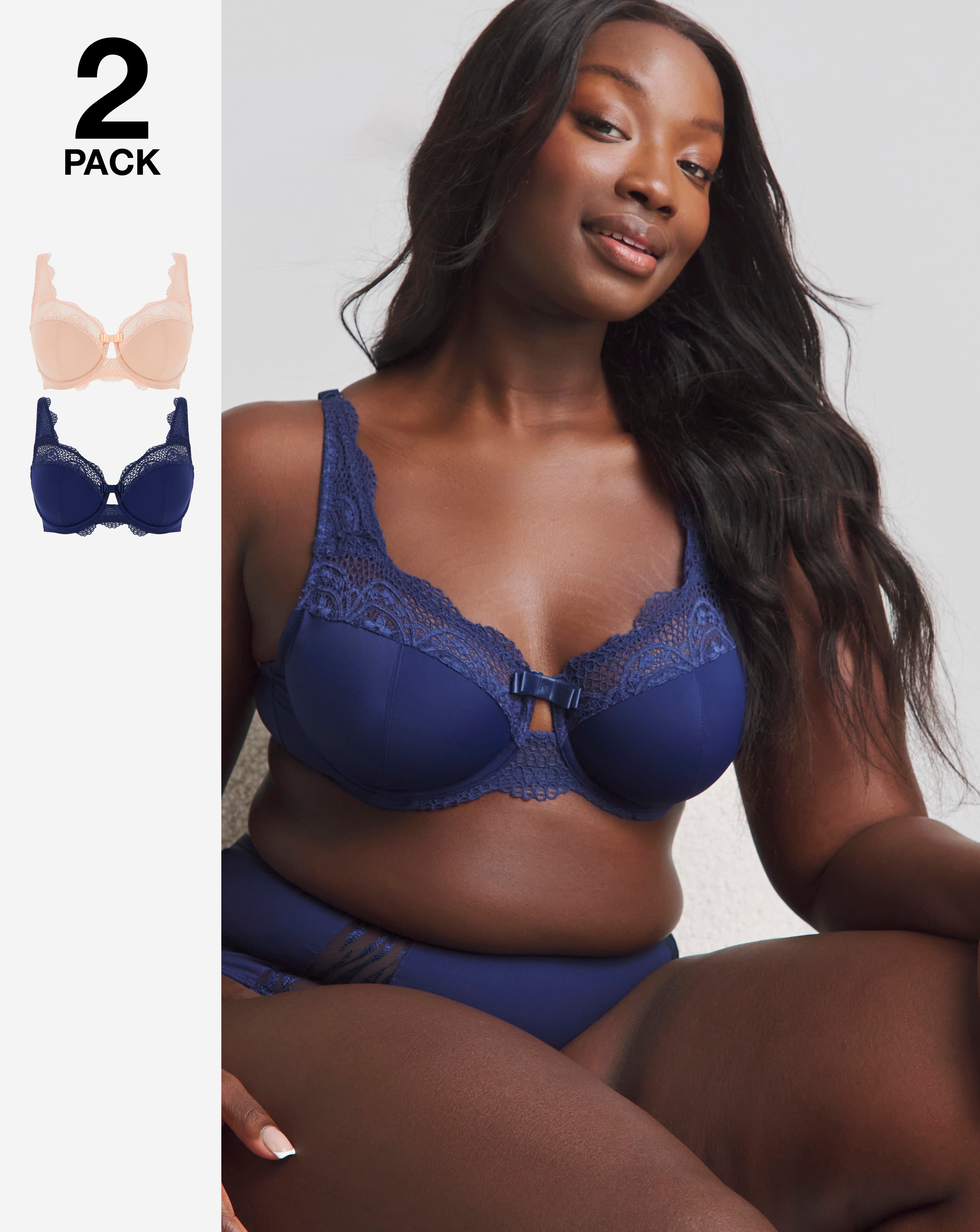 Pretty Secrets (2 Pack) Lottie Lace Micro Full Cup Wired Bras (B-G) Navy/Blush