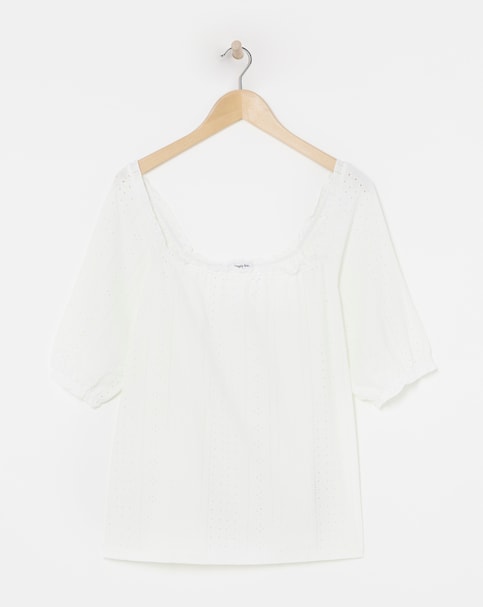 White Jersey Broderie Square Neck Top