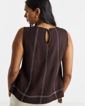 Chocolate Linen Shell Top with Topstitch Detail