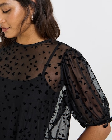 Simply Be Black Velvet Heart Mesh Puff Sleeve Top