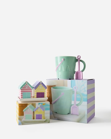 Pastel Bucket Mug with Spade Spoon and Beach Hut Salt & Pepper Shakers bundle