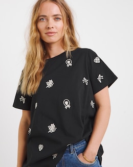 Simply Be Black Ditsy Embroidery T-Shirt