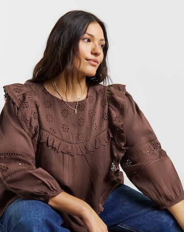 Brown Broderie Yoke Blouse