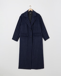 Navy Pinstripe Faux Wool Maxi Coat