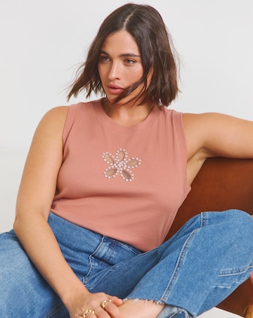 Simply Be Rose Pink Flower Cut Out Tank with Pearls