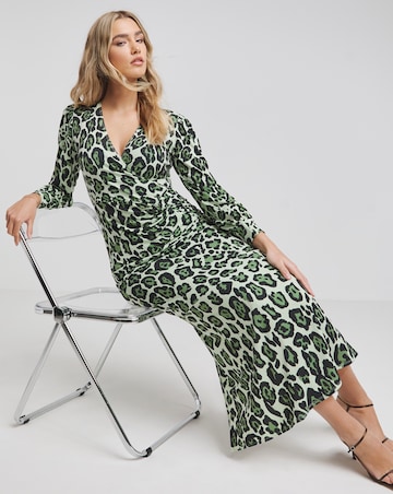 Flounce London Green Slinky Jersey Twist Knot Leopard Print Maxi Dress