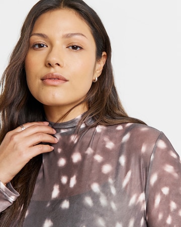 Brown Deer Print High Neck Mesh Top