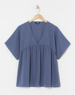 Petrol Blue V Neck Short Sleeve Smock Top