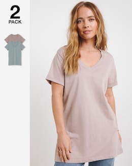 Sage &amp; Mocha 2 Pack Longline Pure Cotton V Neck T-Shirts