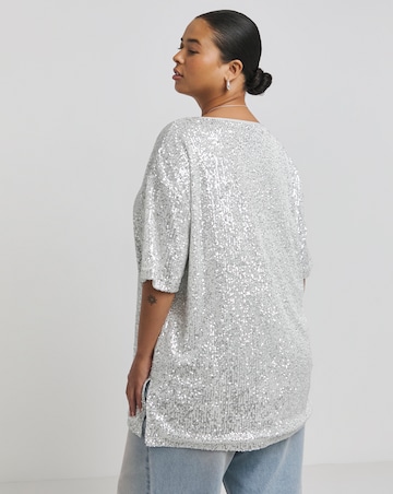 Silver Linear Sequin Oversized T-Shirt