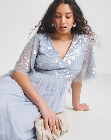 Maya Curve V Neck Delicate Disc Sequin Tulle Maxi Dress