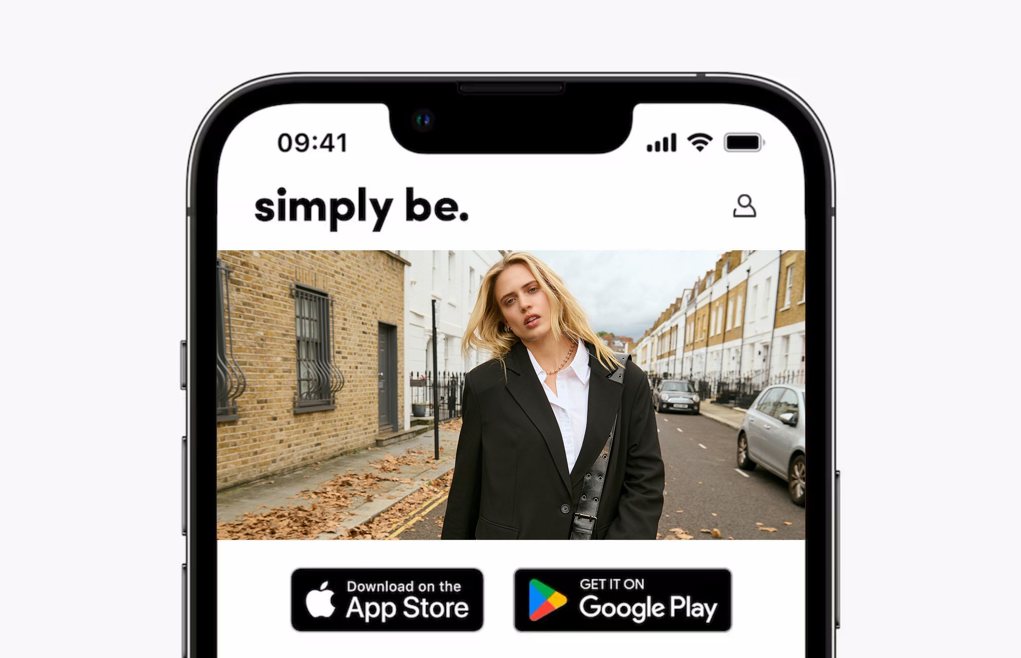 Phone pictured for download the app with model wearing smart black blazer and white shirt