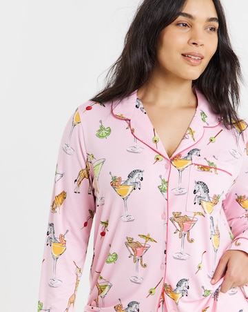 Chelsea Peers Classic Button Up Pyjama Set Cocktail Animals Print