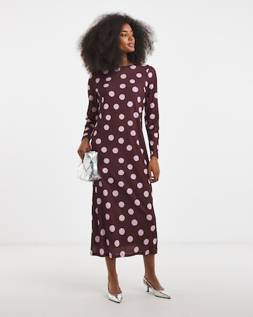 Burgundy And Pink Spot Print Mesh Midi Dress