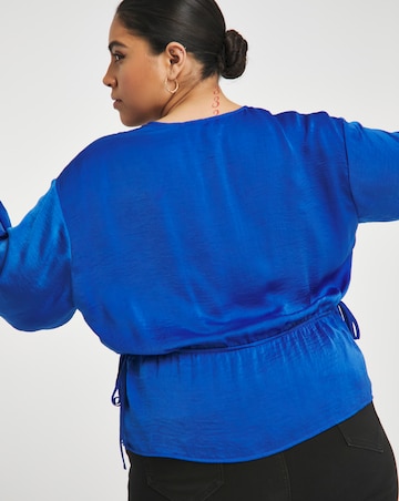 Simply Be Blue Velvet Satin Button Through Long Sleeve Blouse