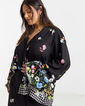 Gingham Puff Sleeve Button Down Blouse