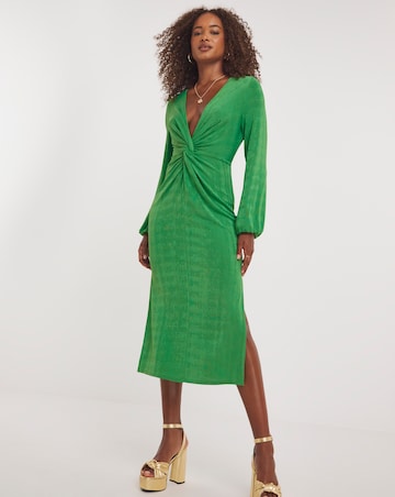 Green Slinky Knot Front Midi Dress
