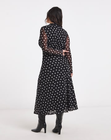 Mono Spot Print Mesh Lace Trim Midi Dress