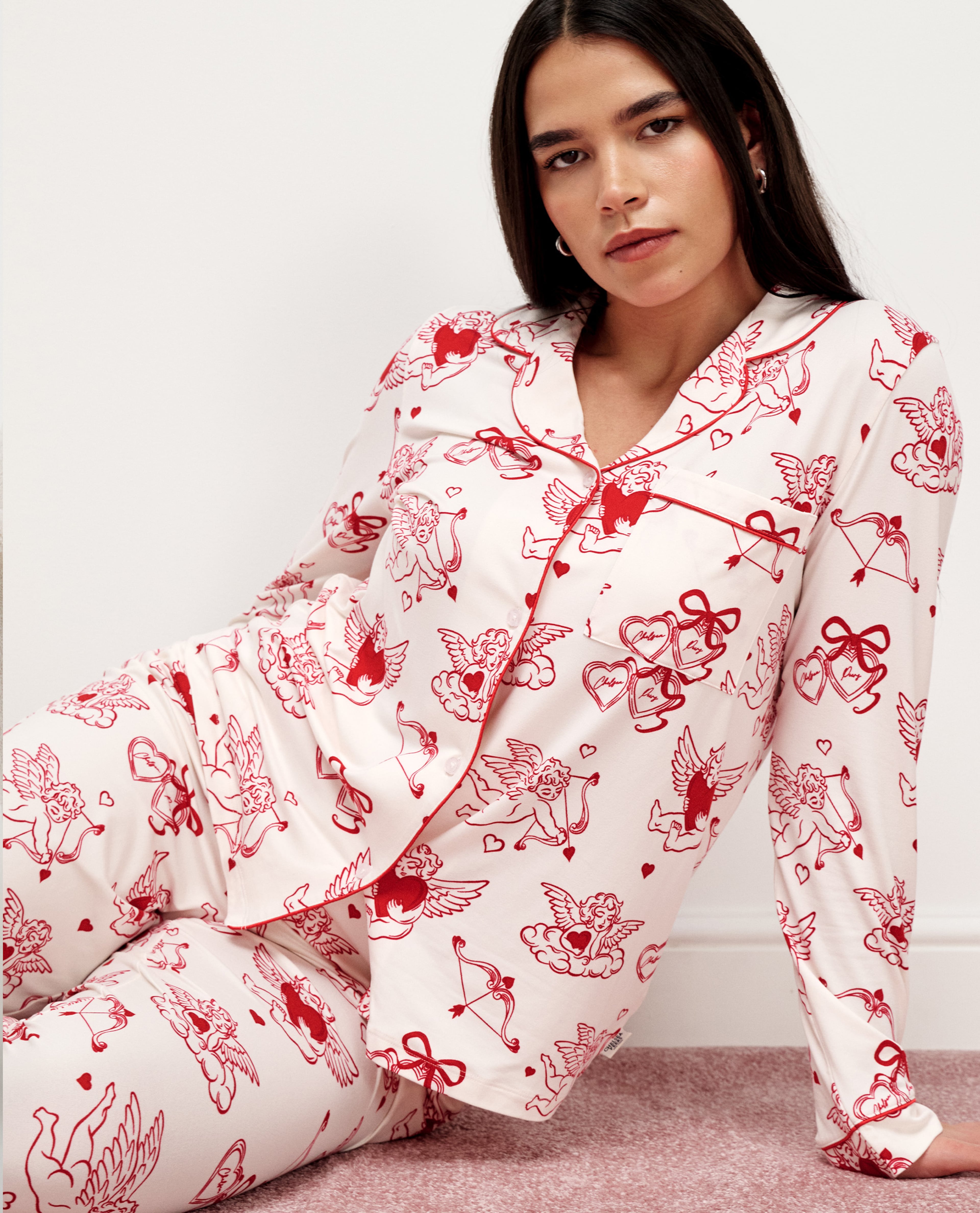 Model Wearing 
Chelsea Peers Classic Button Up Pyjama Set Valentines Cherub Print

