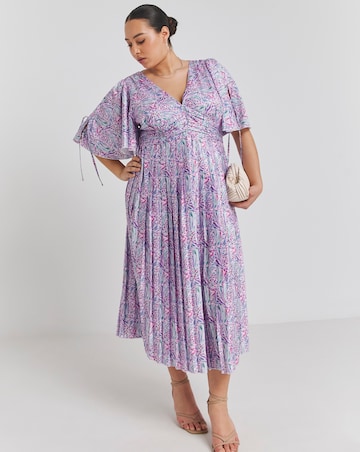 Little Mistress Print Angel Sleeve Pleated Midaxi Dress