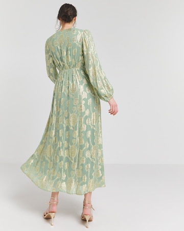 Sage Foil Jacquard Button Through Maxi Dress