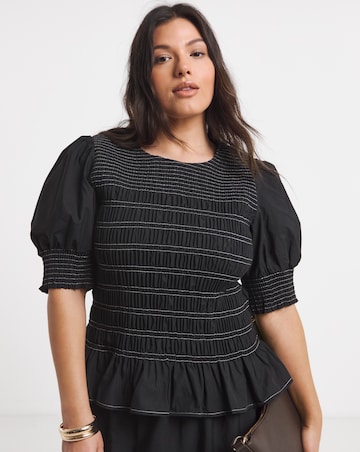 Black Smocked Poplin Blouse