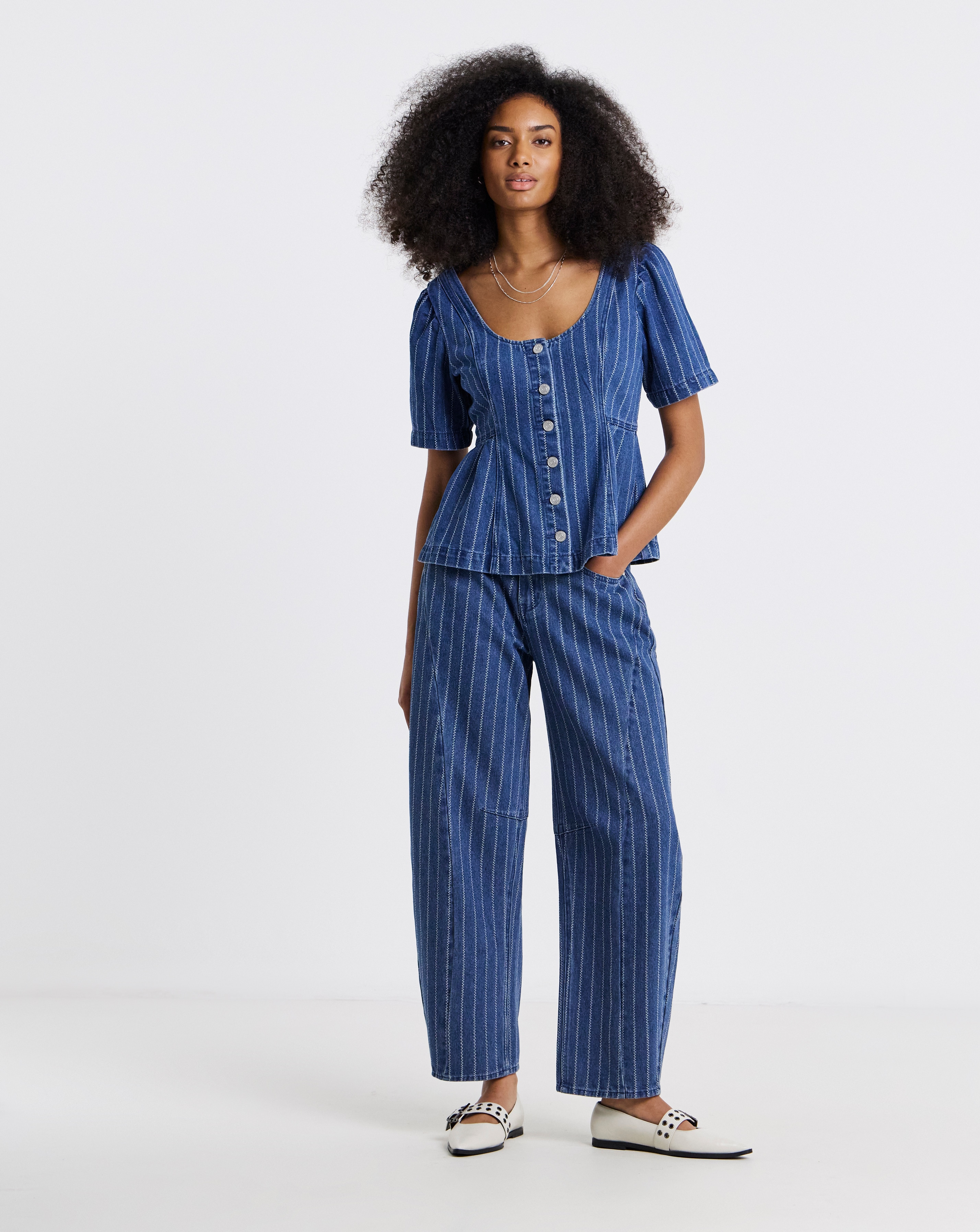 Simply Be Dark Blue Jacquard Stripe Denim Peplum Top Co Ord