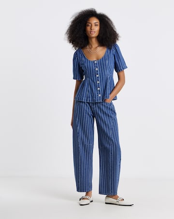 Dark Blue Jacquard Stripe Denim Peplum Top Co Ord