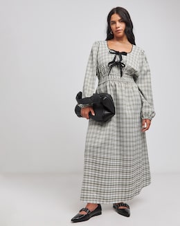 Khaki Check Bow Front Detail Midaxi Dress