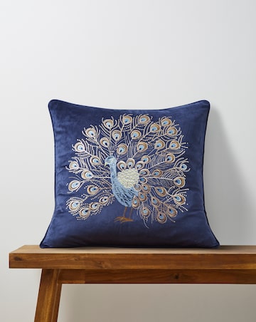 Embroidered Peacock Velvet Cushion