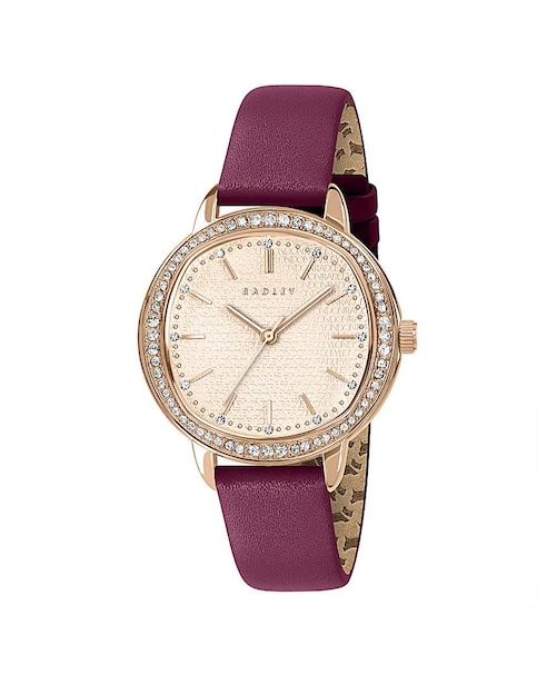 Radley Rose Gold Plated 36mm Stone Set Berry Leather Strap