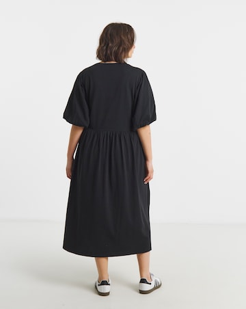 Puff Sleeve Jersey Smock Pocket Midi