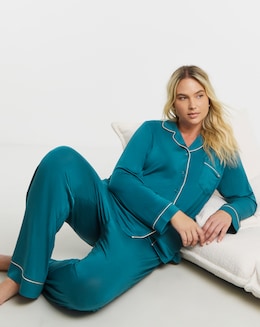 Figleaves Satin Trim Button Through Pyjama Set