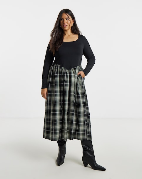 Black Jersey And Check Woven Skirt Midi Dress With Pockets