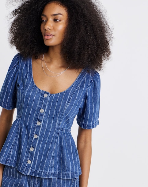 Simply Be Dark Blue Jacquard Stripe Denim Peplum Top Co Ord