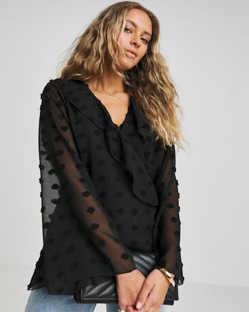 Black Oversized Dobby Wrap Long Sleeve Blouse