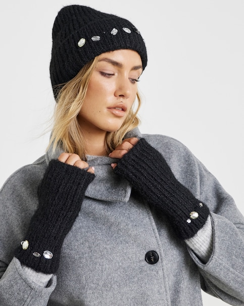 Jewel Embellished Hat & Handwarmer Set
