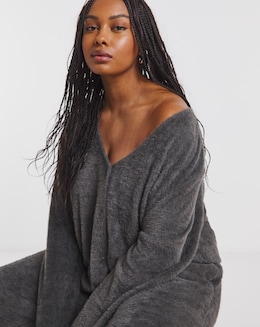 Charcoal Fluffy V Neck Cardigan