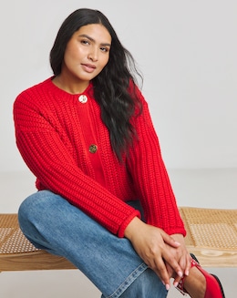 Red Chunky Knitted Crew Neck Cardigan