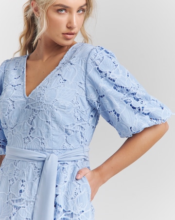 Joanna Hope Blouson Sleeve Belted Lace Dress